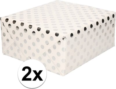 Luxe folie inpakpapier/cadeaupapier - 2x - wit/zilveren stip - 200 x 70 cm - Geschenkpapier - Cadeautjes inpakken