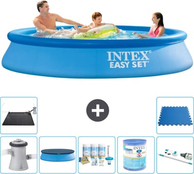Intex Rond Opblaasbaar Easy Set Zwembad - 305 x 61 cm - Blauw - Inclusief Pomp - Afdekzeil - Onderhoudspakket - Filter - Stofzuiger - Solar Mat - Vloertegels - 8-delig