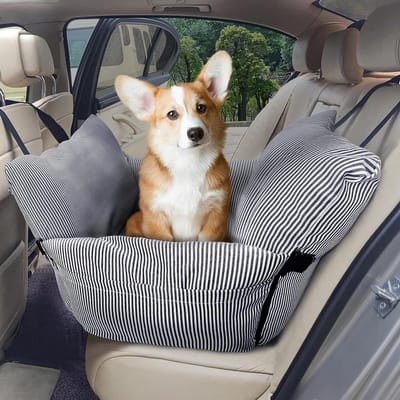 Honden Autostoel - Reisstoel Hond - Veilig Reizen - 2-in-1 Bed Functie - Tot 272 kg - Blauw Gestreept