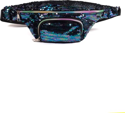 KIMU® Pailletten Heuptasje Olie Zwart Pailletten - Heuptas met Voorvakje - Crossbody Tasje Fanny Pack Tas Regenboog Oliekleur Sequin Glitter Festival