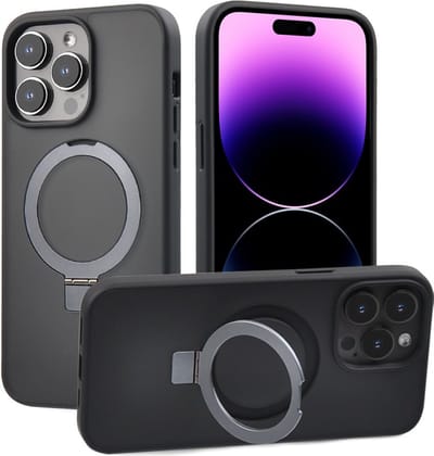 Hoesje geschikt voor iPhone 14 Pro Hoes Zwart - Geschikt voor MagSafe - Telefoonstandaard - Popsockets style Kickstand edition
