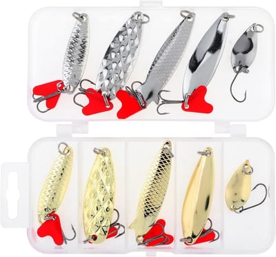 Set van 10 metalen vislures, lepels en spinners voor zout- en zoetwatervissen, ideaal voor forel, baars en zalm