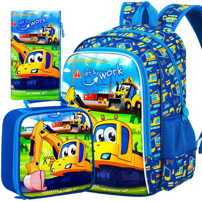 3 STuks Jongens Graafmachine Rugzak, Kinder Graafmachine Schooltas met Lunchbox, 16  Peuter Rugzakken voor Basisschool - Graafmachine blue