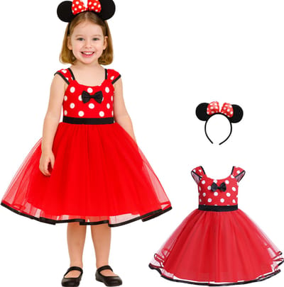 Joya Kids® Polkadot Stippen Prinsessenjurk meisje met Haarband met Oren | Muis Verkleedjurk meisjes | Mini jurk Zwart, Rood met Witte Stippen | Prinsessen Verkleedkleding | Carnaval Halloween Verkleedset Kinderen | Van 6 maanden tot 5 jaar | Maat 80