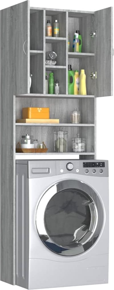 Wasmachine ombouw - Kast - Opbouwmeubel - Verhoger - Wasmachine meubel - Opbergkast - Hout - Grijs Sonoma