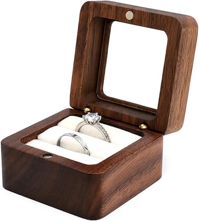 Huwelijksringdoos van massief walnotenhout met doorzichtig venster en witte fluwelen bekleding, handgemaakte ringdoos voor verlovingsringen, sieradenopberger en ringorganizer