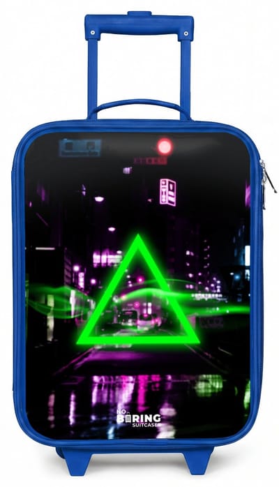NoBoringSuitcases.com® - Kinderkoffer blauw - Kindertrolley jongen - Felgroen driehoek boven een stadstraat - Koffer kind lichtgewicht - Reiskoffer trolley voor kinderen - Koffertje met lichtgevende wieltjes - Rolkoffer