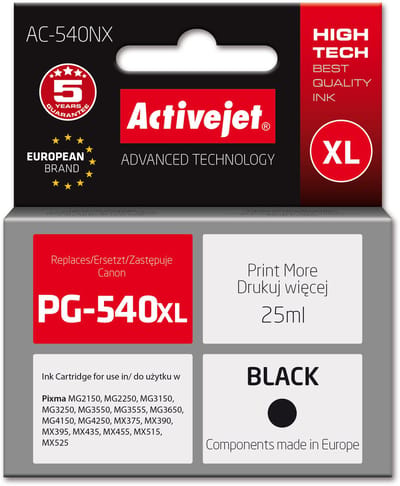 Activejet AC-540NX inkt voor Canon printer (vervanger voor Canon PG-540XL) Supreme, 25 ml, zwart