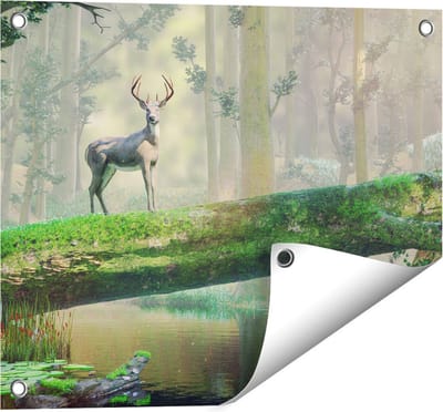 Gards Tuinposter Hert in het Bos op een Boom - 50x40 cm - Tuindoek - Tuindecoratie - Wanddecoratie buiten - Tuinschilderij
