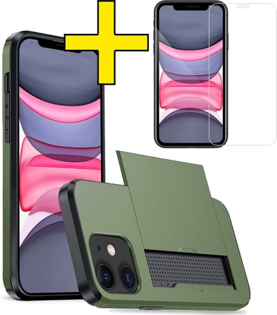 Hoesje Geschikt voor iPhone 11 Hoesje Case Pashouder Hard Cover Met Screenprotector - Hoes Geschikt voor iPhone 11 Hoesje Met Kaarthouder - Donkergroen