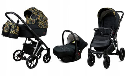 BabyLux® Kinderwagen 3in1 – MARLUX MAGNETIC - GOLD LINE SILVER FRAME - Opklapbare Wandelwagen incl. Reiswieg, Multifunctionele Buggy Sportstoel, Autostoel - Combi-kinderwagen met Luiertas, Regenhoes, Klamboe, Bekerhouder, etc.
