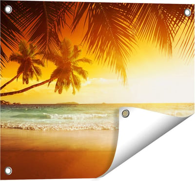 Gards Tuinposter Tropisch Strand tijdens Zonsondergang - 50x40 cm - Tuindoek - Tuindecoratie - Wanddecoratie buiten - Tuinschilderij