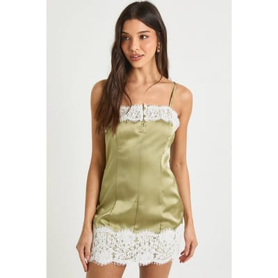 boohoo Dames Satijnen Slip Mini Jurk met Kanten Afwerking | Olive | Maat: 14