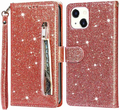 Portemonnee Hoesje - Wallet Case - Rits Sparkly Glitter - Telefoonhoes met Kord Geschikt voor: Apple iPhone 15 Plus - Rosegoud
