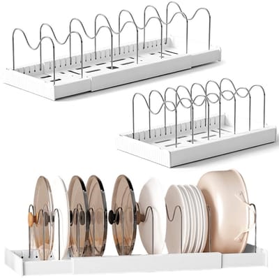 Dailygoods - Pannendekselhouder, keukenorganizer, verstelbare dekselhouder met 9 verstelbare verdelers, 32-57 cm, pannenorganizer, lade uitbreidbaar (wit)