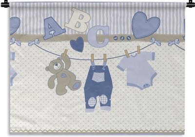 Wandkleed - Wanddoek - Baby kleren - Waslijn - Teddybeer - Patroon - 60x45 cm - Wandtapijt
