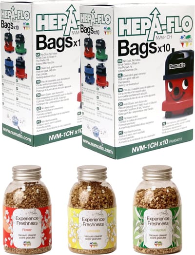 Numatic - 2x Stofzuigerzakken + 3x Geurkorrels Flower/Eucalyptus/Limonella - Hepa flo bags - Voor Henry/Hetty - NVM 1CH X10 - JAARPAKKET