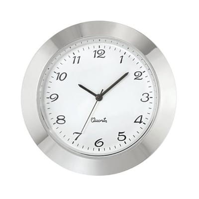 Mini insert uurwerk import trommel Ø 46,5mm, lunette Ø 50mm verchroomd, wijzerplaat wit-antiek, Arabische cijfers