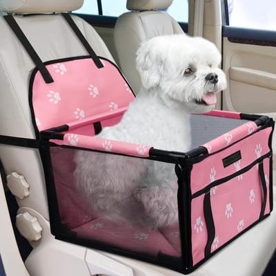 Autostoel Hond Opvouwbaar Waterbestendig Oxford, Veilige Honden Zitje voor in de Auto met 12 PVC Steunen, Ademend Hondenmand voor Kleine en Middelgrote Honden, Footprint Roze