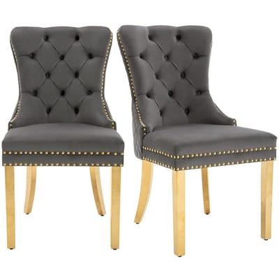 YEHTOKHOME Set van 2 Fluwelen eetkamerstoelen, Keukenstoel woonkamerstoel met deurklopper, Gestoffeerde stoel met klinknagels, Eetkamerstoel in vintage stijl, Gouden metalen poten, Grijs, b 51 x d 65.5 x h 95 cm