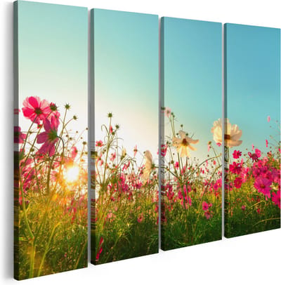 Artaza Canvas Schilderij Vierluik Kosmos Bloemenveld Met Een Opkomende Zon - 160x120 - Groot - Foto Op Canvas - Canvas Print