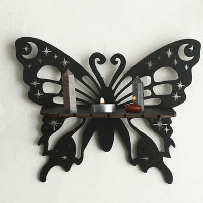 VHV - Wandplank - Hoekplank - Zwevende plank - Vlinder vorm - Houten wanddecoratie - Wandmontage - Voor slaapkamer en woonkamer - Decoratief - Zwart2
