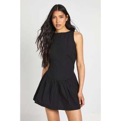 boohoo Dames Lange Katoenen Peplum Mini Skater Jurk | Zwart | Maat: 34