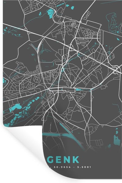Muurstickers - Sticker Folie - Kaart – Plattegrond – Stadskaart – Genk – België - Grijs - 20x30 cm - Plakfolie - Muurstickers Kinderkamer - Zelfklevend Behang - Zelfklevend behangpapier - Stickerfolie