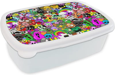 Broodtrommel Wit - Lunchbox - Brooddoos - Tieners - Monster - Doodle - Patronen - 18x12x6 cm - Volwassenen