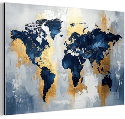 Aluminium schilderij 180x120 cm - Wanddecoratie metaal - Wereldkaart - Blauw - Abstract - Metalen muurdecoratie woonkamer - Decoratie industrieel - Foto op dibond - Industriële accessoires slaapkamer