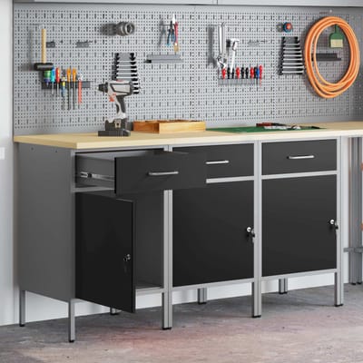 vidaXL - Werk - Cabinet - met - lade - 3 - st - Zwart - en - Grijs - 150 - x - 55 - x - 85 - cm