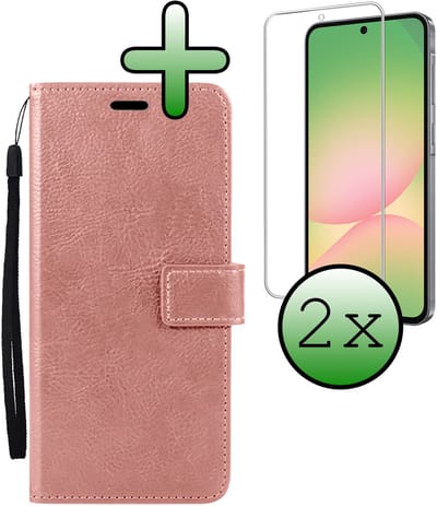 Hoesje Met 2x Screenprotector - Geschikt voor Samsung Galaxy A56 - Luxe Pasjeshouder - Bookcase Portemonee - Flip Case - Kunstleer Book Case - Flipcase Hoes - Book Cover - Walletcase - Portemonneehoes - Rosé goud