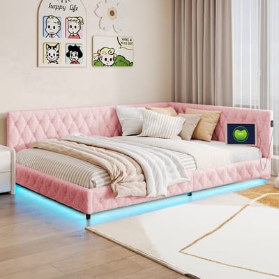 Daybed 140x200 met LED & USB – Teddy Stof Bedbank met Hoofdbord en L-Vormige Reling – Roze