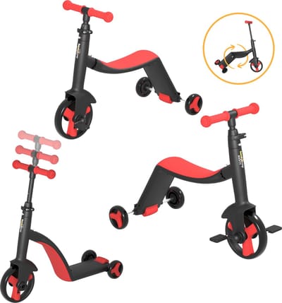 HoneyBump Swifty - 3in1 Kinderstep, Loopfiets, Driewieler - Step In 3 hoogtes verstelbaar - Veilig en stabiel steppen - Uniek design - 2-6 jaar - Rood