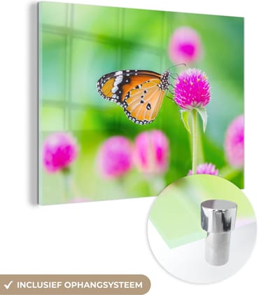 MuchoWow® Glasschilderij 40x30 cm - Schilderij acrylglas - Landelijk - Vlinder - Distel - Bloem - Foto op glas - Schilderijen