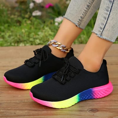 Plus 36-43 Baskets Femme Décontracté Maille Creux Respirant Lacets Léger Semelle Arc-en-ciel Confort Chaussure de Sport De Mujer 43 noir