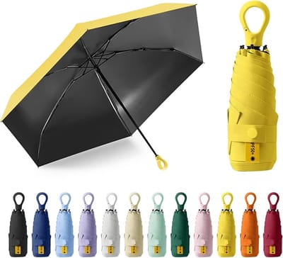 Zonneparaplu, zakparaplu, UPF50+, mini-paraplu met 6 baleinen, ringhandvat en opbergdoosje, geschikt voor zonnige en regenachtige dagen - geel