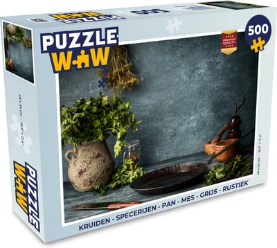 Puzzel Kruiden - Specerijen - Pan - Mes - Grijs - Rustiek - Legpuzzel - Puzzel 500 stukjes