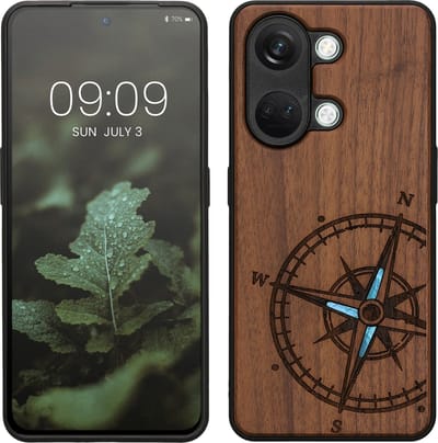 kwmobile telefoonhoesje geschikt voorOnePlus Nord 3 5G - Hoesje met bumper - hout - In donkerbruin Parelmoer kompas design