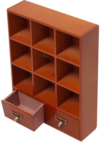 Opbergkast / boekenkast – Voor het organiseren van boeken en accessoires in thuis- of kantoorruimte – 9-vaks kast met lades, houten vitrinekast voor opbergen en display – 33,3 × 9,9 × 42,4 cm – bruin en beige – hout