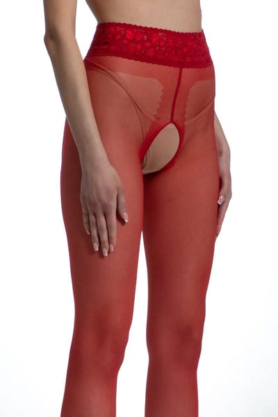 Rode Panty Open Kruis - 30 Denier - Maat: XXL - Model: Lace - Merk: Amour