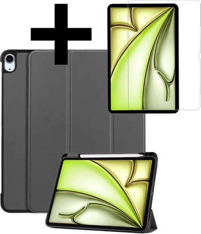 Hoes - Geschikt voor Apple iPad Air (2024/2025/2026) - 11 inch - Met Screenprotector - Trifold Bookcase - Hard Cover Case - Met Uitsparing Geschikt voor Apple Pencil - Hardcover Book - Tablet Hoesje - Grijs
