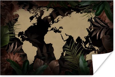 Poster 30x20 cm - Wereldkaart - Zwart - Tropische Planten - Posters - Kamer decoratie - Wanddecoratie woonkamer - Muurdecoratie slaapkamer
