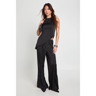 boohoo Dames Halternek Asymmetrische Satijn Camisole & Broek Set | Black | Maat: 6