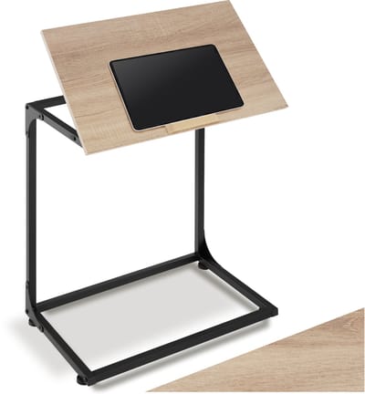 tectake® C-vormige Bijzettafel - Laptoptafel met Kantelbaar Houten Tafelblad - Bedtafel met Stopper - Industrieel Design - Tafel voor Laptop en Tablet - Verstelbaar - Afmeting (LxBxH) 55 x 35 x 66,5 cm - Lichtbruin
