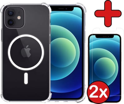 Hoesje - Met 2x Screenprotector - Geschikt voor Apple iPhone 12 Mini - Magsafe Compatible - Sterk & Shockproof - Shock Proof Case - Back Cover - Telefoon Hoes - Telefoonhoes - Transparant