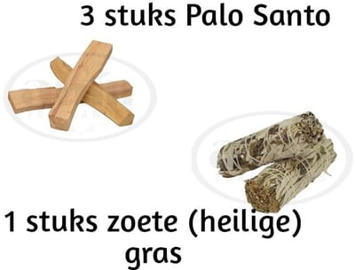 Set van Handgemaakte wierook bundel - smudge - 1 witte salie en zoet gras - heilige gras en 3 st Palo Santo