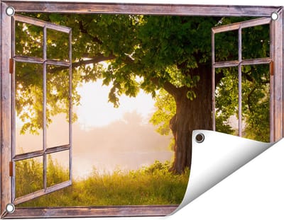 Gards Tuinposter Doorkijk Eikenboom aan het Water met Volle Bladeren - 60x40 cm - Tuindoek - Tuindecoratie - Wanddecoratie buiten - Tuinschilderij