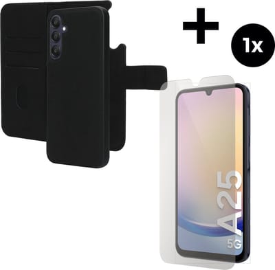 Mobiparts Leather 2 in 1 Wallet Case hoesje geschikt voor Samsung Galaxy A25 met 1 Screenprotector van Gehard Glas - Zwart