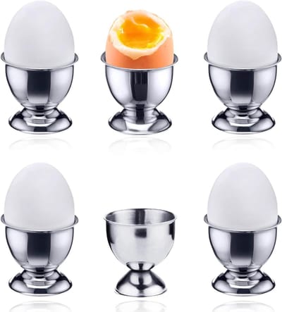 Roestvrij stalen eierdopjes, set van 6, inclusief dienblad en eierbekerhouder. perfect voor ontbijttafel.